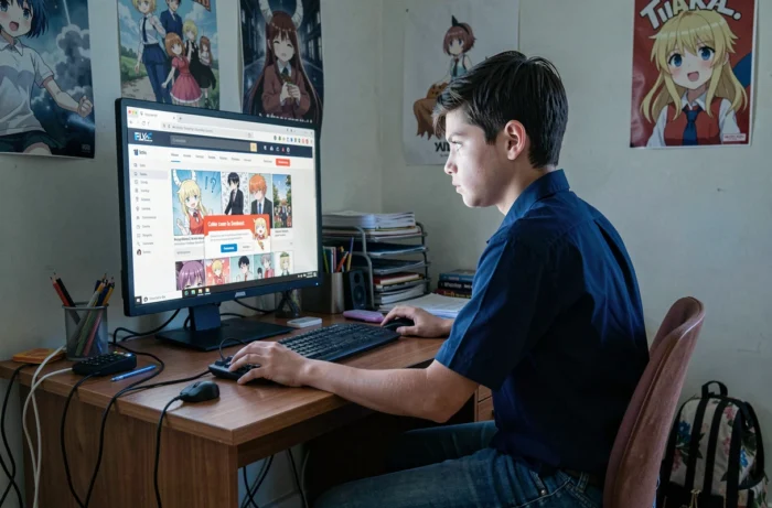 Adolescent face à un écran d'ordinateur affichant un site de lecture de manga gratuit avec des fenêtres publicitaires suspectes et des bannières de cookies