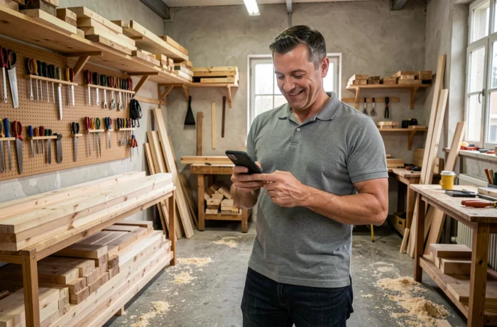 Artisan consultant son smartphone pour gérer ses annonces professionnelles gratuites dans son atelier