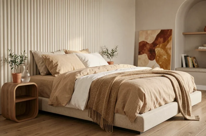 Chambre moderne avec lit plateforme en lin beige, panneau en plâtre cannelé et décoration naturelle aux tons ocre et sable