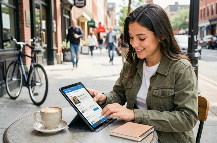 Jeune entrepreneuse publiant une annonce gratuite sur sa tablette dans un café en ville