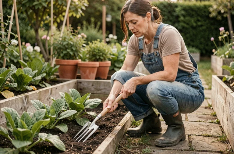 Femme utilisant une grelinette pour aérer la terre d'un potager écologique au printemps