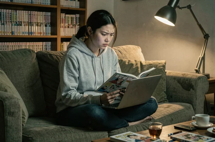 Jeune femme lisant des mangas en ligne sur son ordinateur portable, avec une expression préoccupée, dans un salon encombré d'ouvrages manga