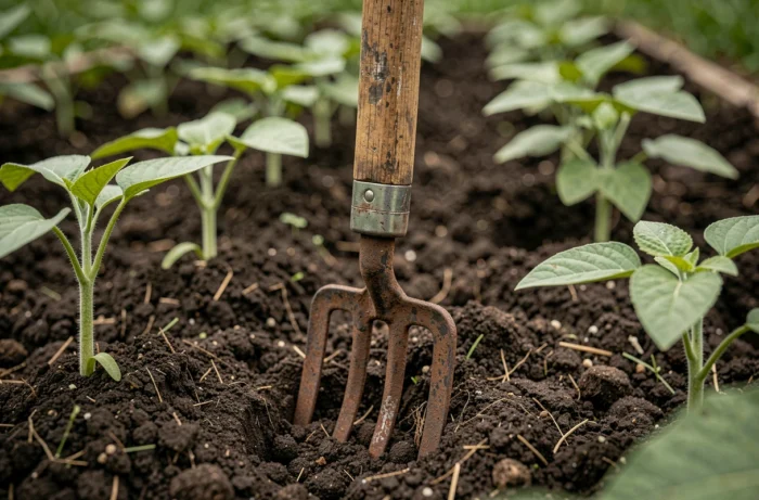 Gros plan sur une grelinette plantée dans la terre riche d'un potager biologique entouré de jeunes plants