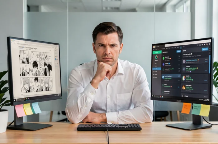 Homme en bureau à domicile consultant simultanément un chapitre de manga en ligne et un tableau de bord de cybersécurité montrant des alertes de données