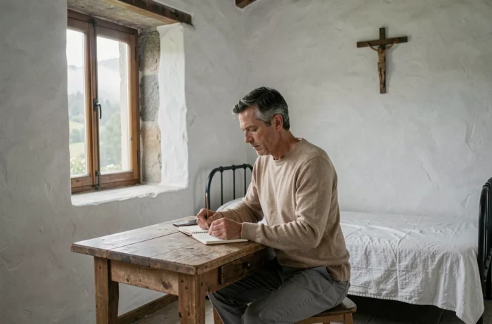 Homme écrivant dans un journal intime dans une cellule de couvent épurée, représentant les bienfaits d'une retraite monastique