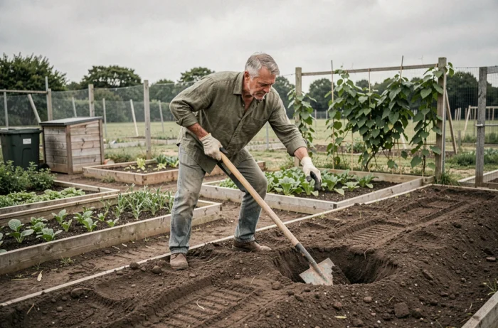 Homme pratiquant la technique de la grelinette dans un jardin partagé pour un jardinage sans labour