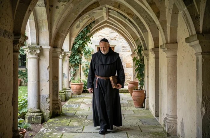 Moine bénédictin marchant sous les arcades d'un cloître historique, symbolisant la vie monastique et les retraites en couvent