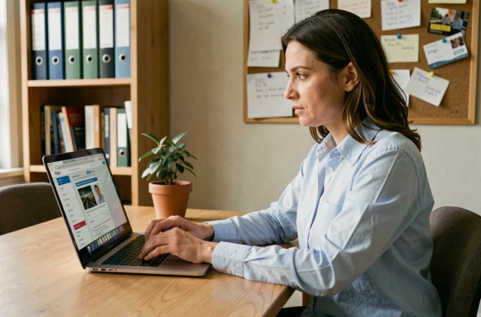 Professionnelle qui publie une annonce gratuite en ligne depuis son bureau à domicile