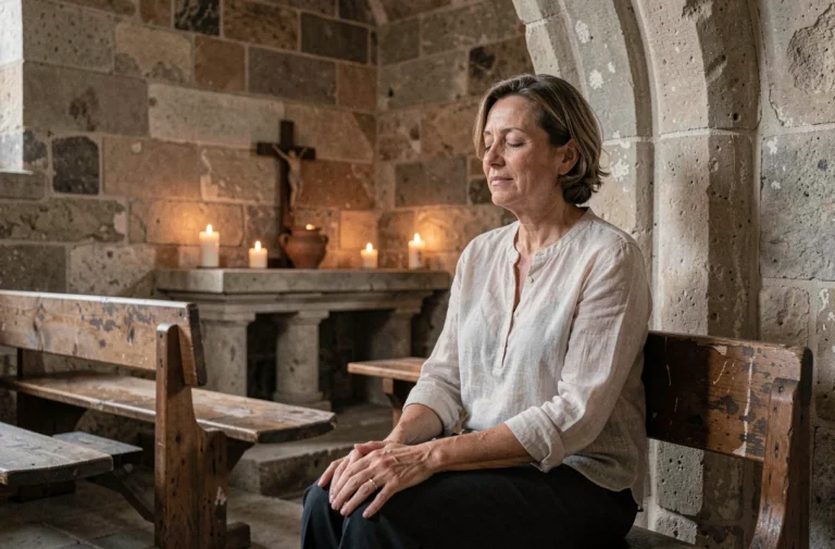 Femme en contemplation silencieuse dans une chapelle de monastère en pierre, illustrant une retraite spirituelle dans un couvent