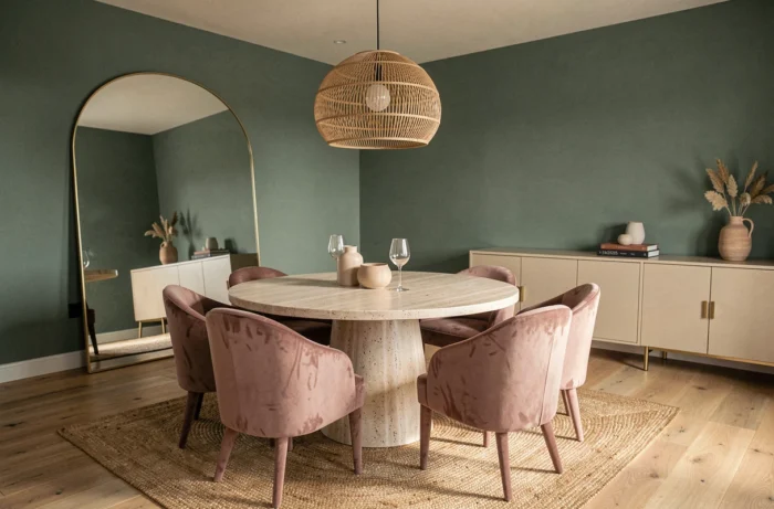 Salle à manger contemporaine avec table en travertin, chaises en velours rose poudré et miroir arqué contre un mur vert sauge