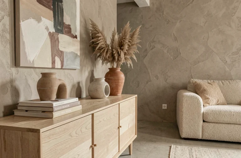 Salon moderne minimaliste avec décoration scandinave, vases en céramique et canapé en bouclette sur fond de murs en plâtre brut